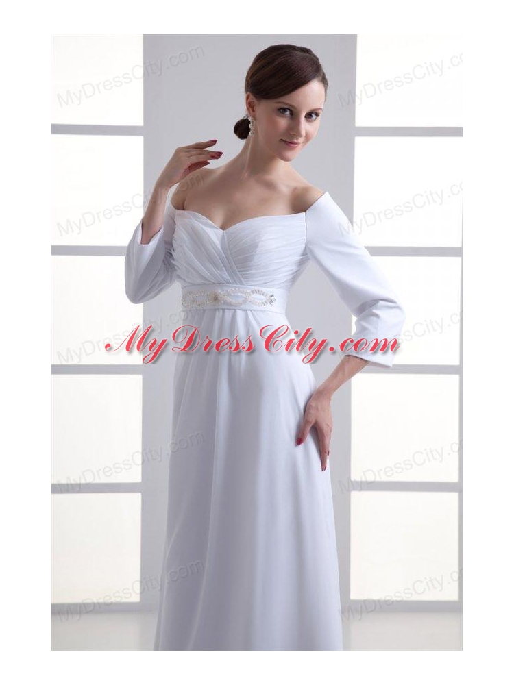 Empire Off The Shoulder Long Sleeves Floor-length Beading Wedding Dress