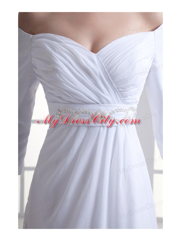 Empire Off The Shoulder Long Sleeves Floor-length Beading Wedding Dress