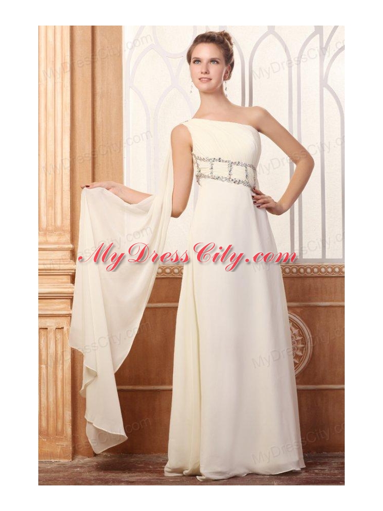 Empire One Shoulder Beading Watteau Train Chiffon Wedding Dress