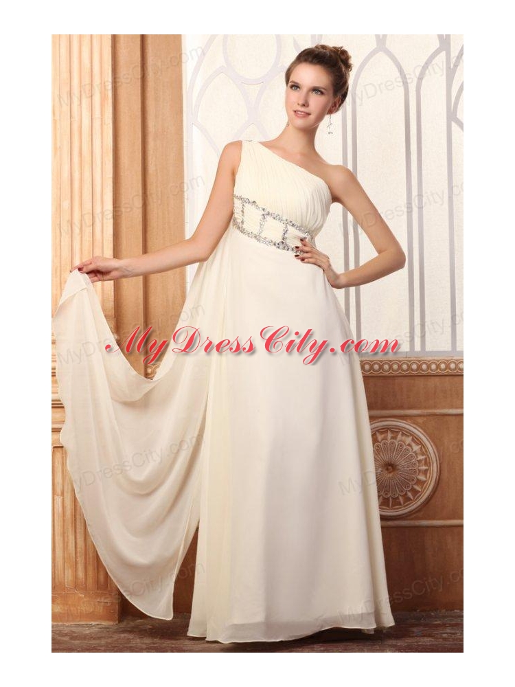 Empire One Shoulder Beading Watteau Train Chiffon Wedding Dress