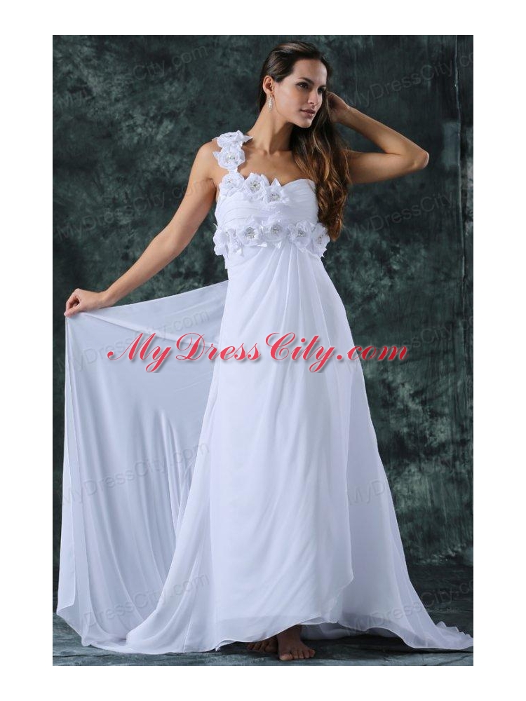 Empire One Shoulder Brush Train Hand Made Flower Zipper Up Chiffon Wedding Dress