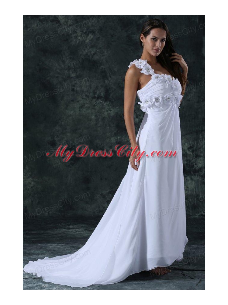 Empire One Shoulder Brush Train Hand Made Flower Zipper Up Chiffon Wedding Dress