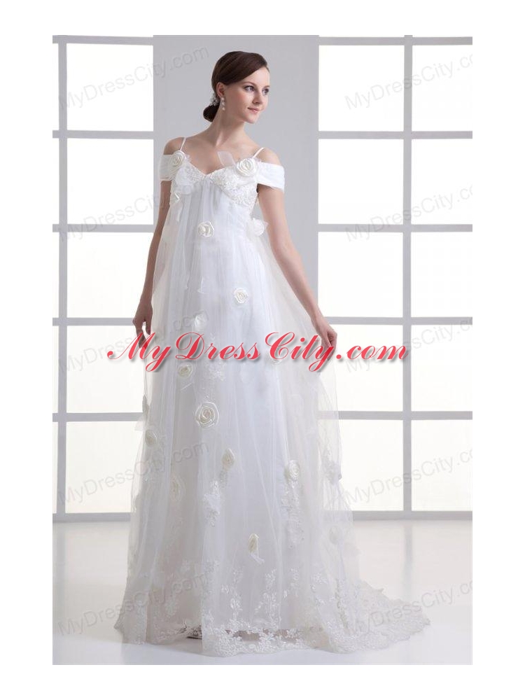 Empire Spaghetti Straps Lace Brush Train Wedding Dress