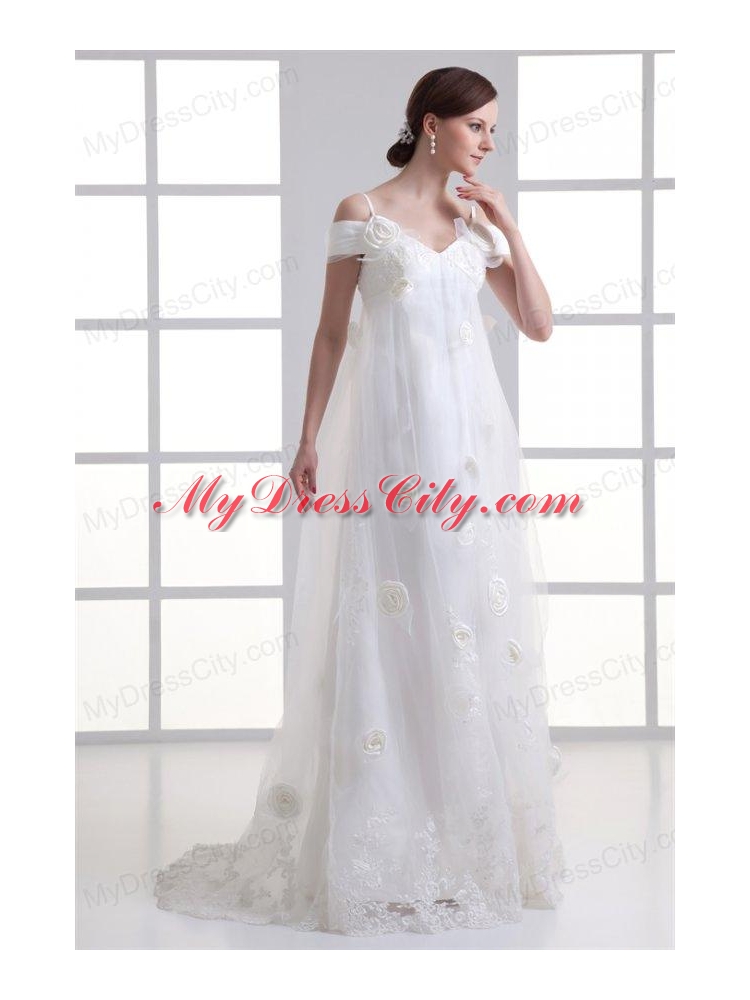 Empire Spaghetti Straps Lace Brush Train Wedding Dress