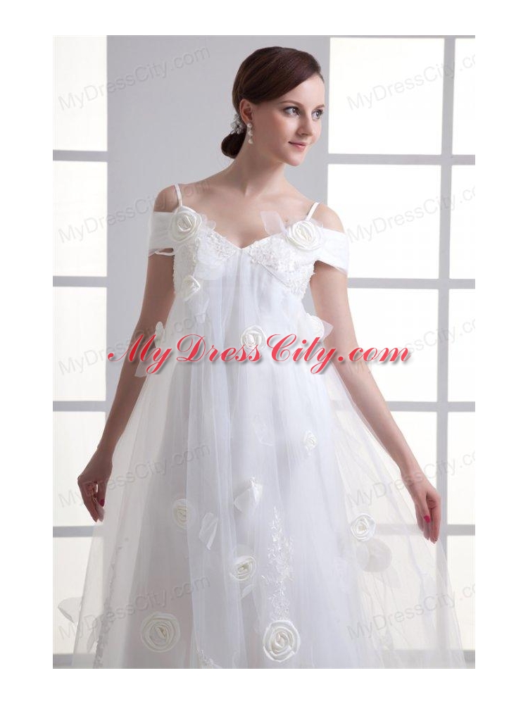 Empire Spaghetti Straps Lace Brush Train Wedding Dress