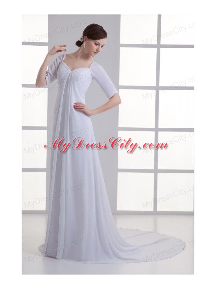 Empire Square Half Sleeves Chiffon Court Train Wedding Dress