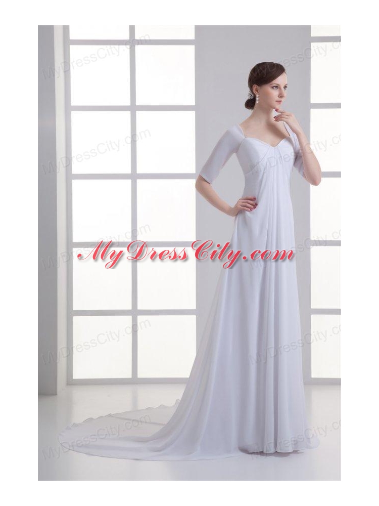 Empire Square Half Sleeves Chiffon Court Train Wedding Dress