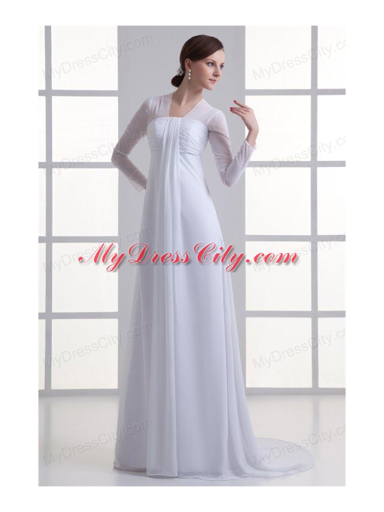 Empire Square Long Sleeves Brush Train Chiffon Wedding Dress