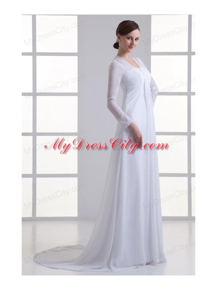 Empire Square Long Sleeves Brush Train Chiffon Wedding Dress