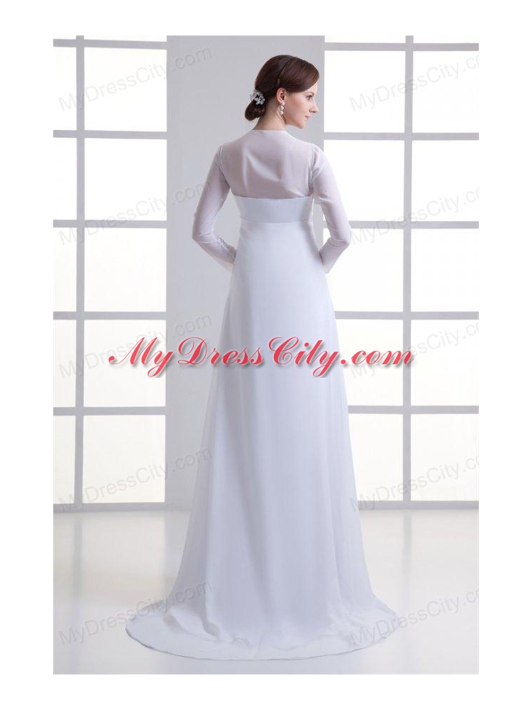 Empire Square Long Sleeves Brush Train Chiffon Wedding Dress