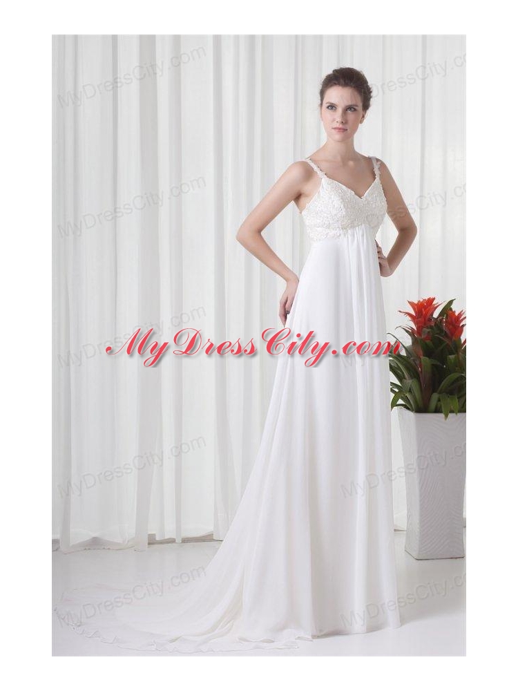 Empire Straps Appliques Chiffon Brush Train  Wedding Dress