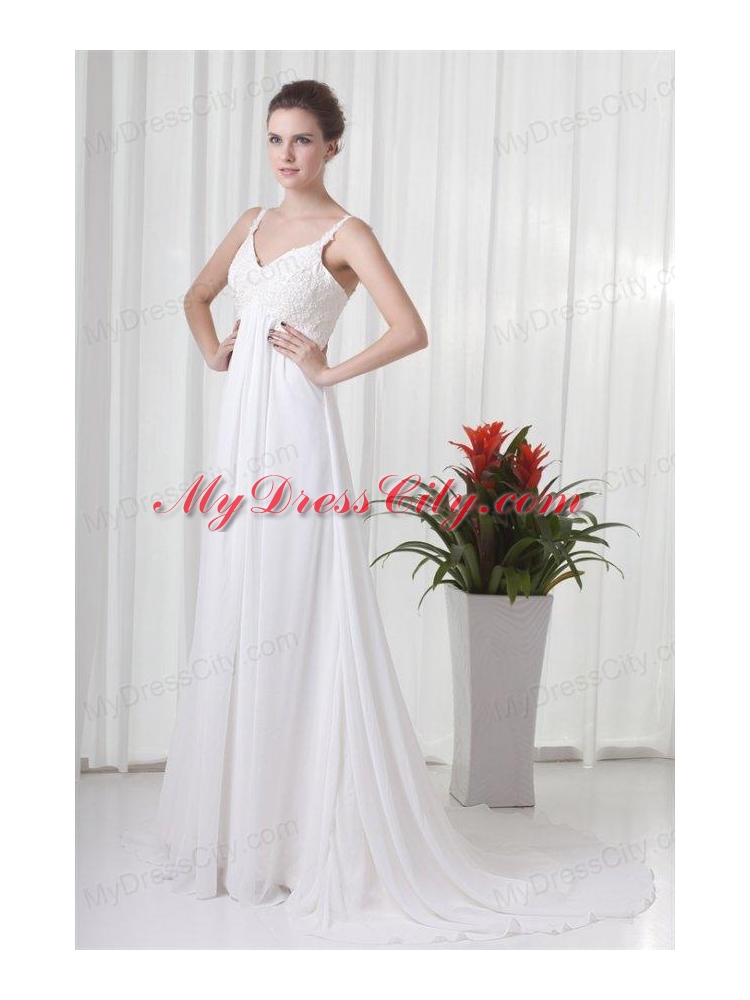 Empire Straps Appliques Chiffon Brush Train  Wedding Dress