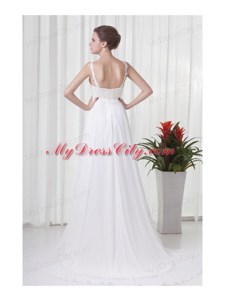 Empire Straps Appliques Chiffon Brush Train  Wedding Dress