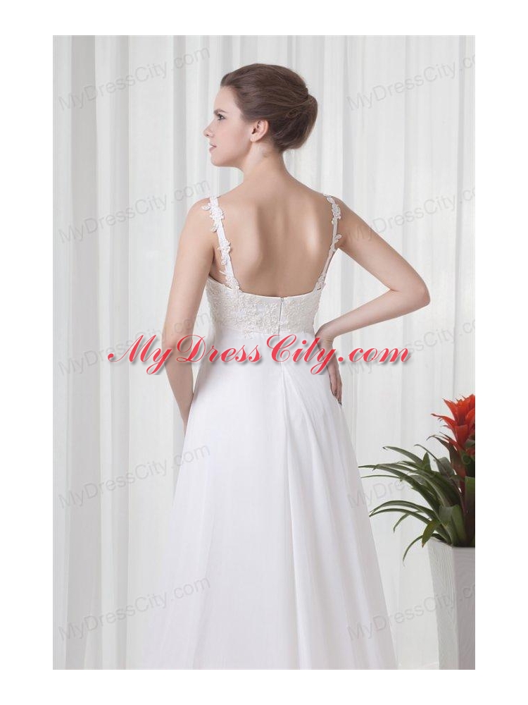 Empire Straps Appliques Chiffon Brush Train  Wedding Dress