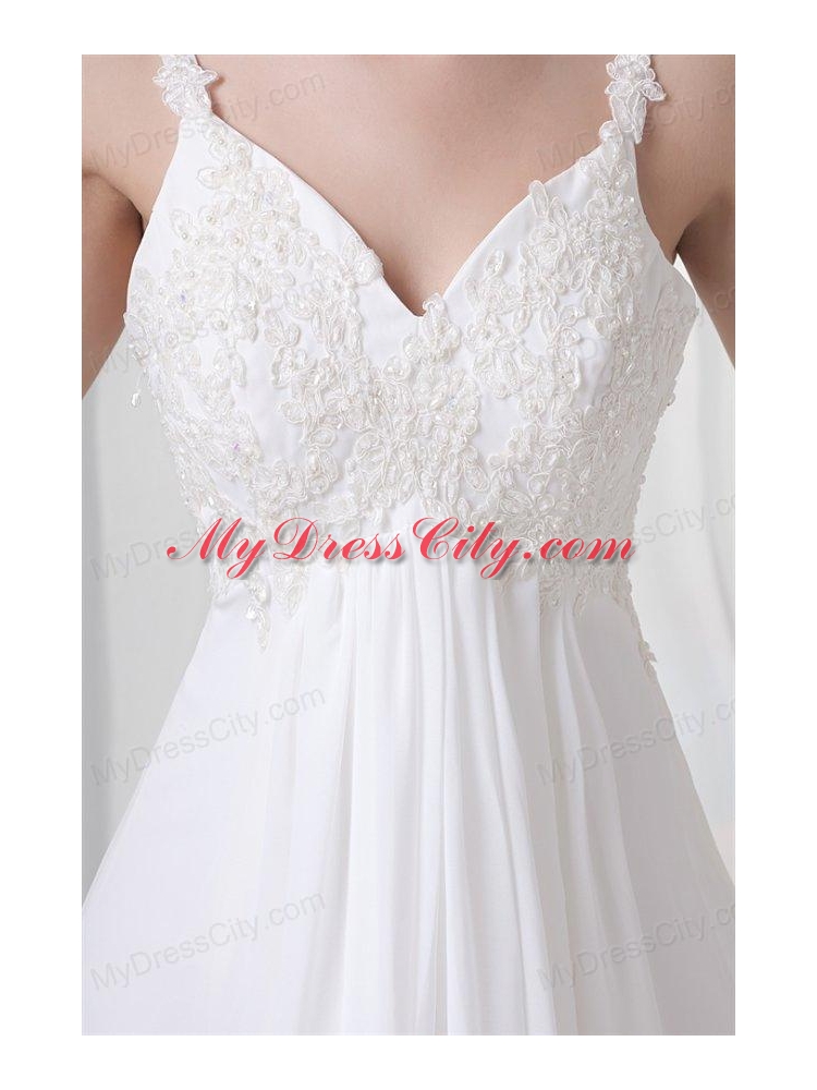 Empire Straps Appliques Chiffon Brush Train  Wedding Dress