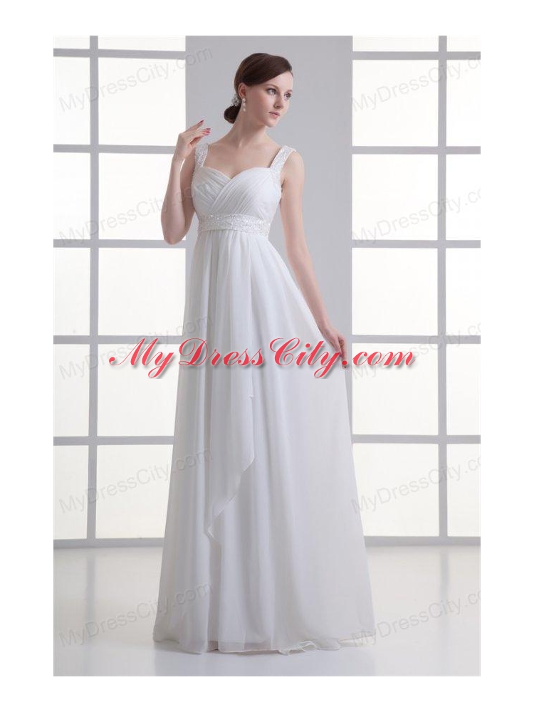 Empire Straps Beading and Ruching Chiffon Floor-length Wedding Dress