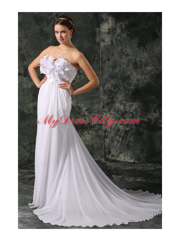 Empire Sweetheart Court Train Beading and Hand Made Flower Chiffon Wedding Dress