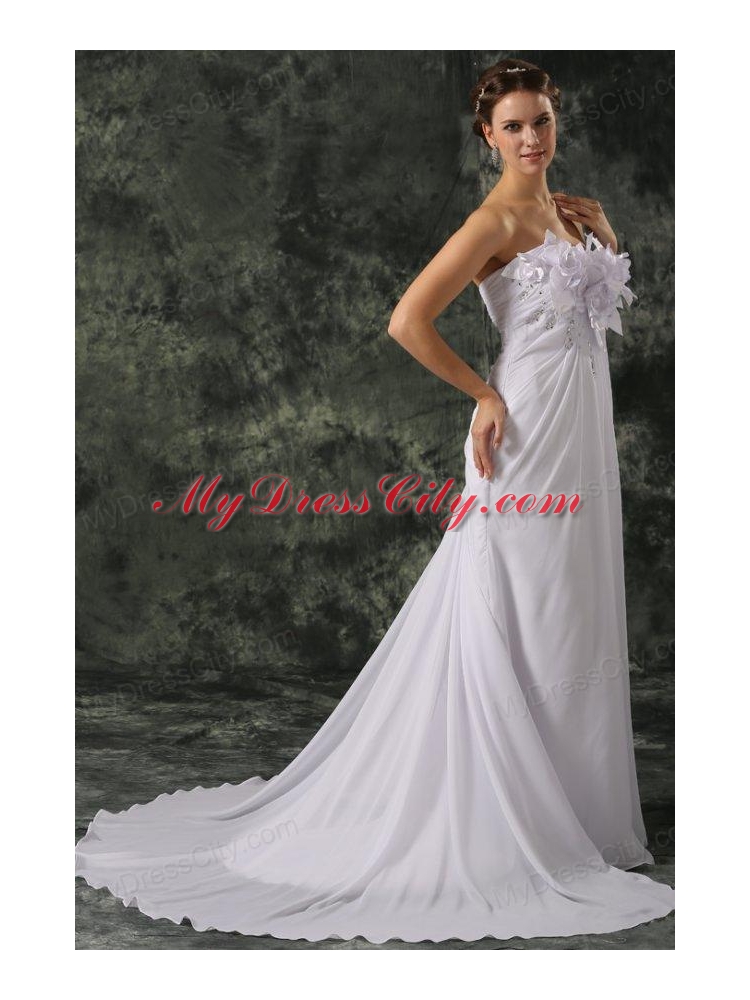 Empire Sweetheart Court Train Beading and Hand Made Flower Chiffon Wedding Dress