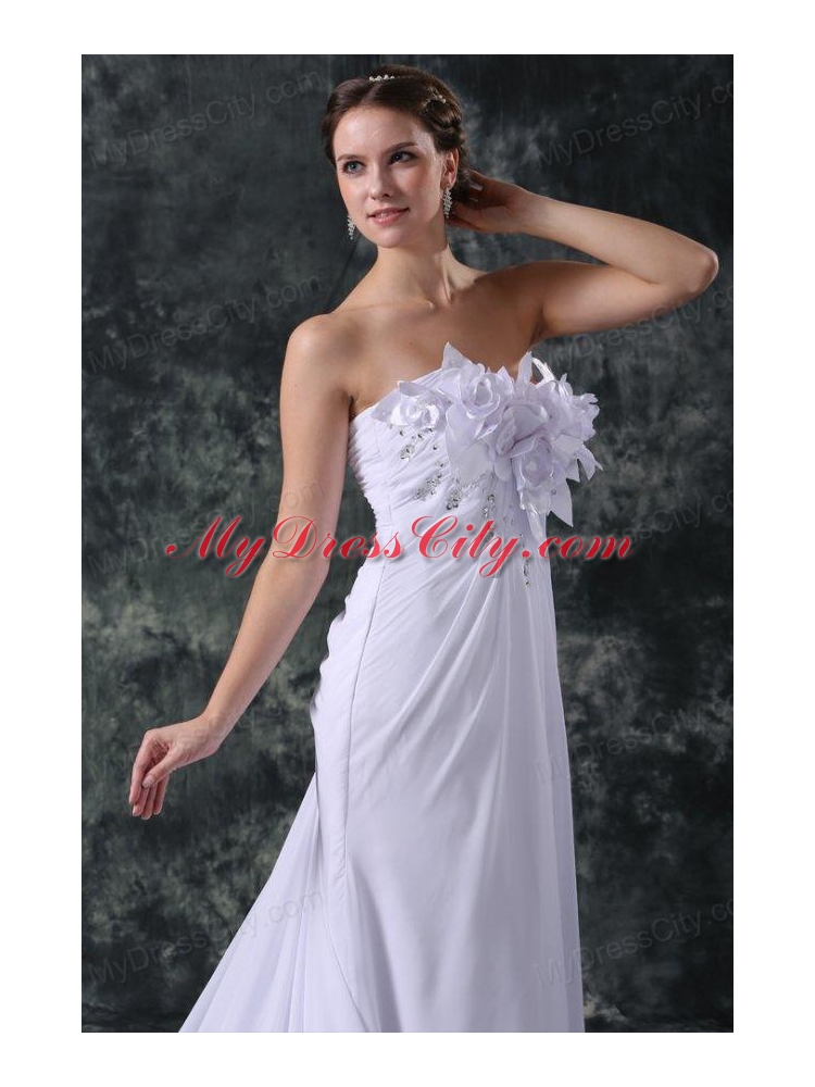 Empire Sweetheart Court Train Beading and Hand Made Flower Chiffon Wedding Dress