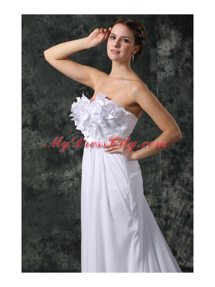 Empire Sweetheart Court Train Beading and Hand Made Flower Chiffon Wedding Dress