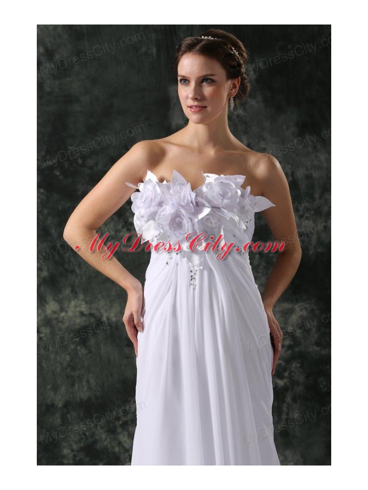 Empire Sweetheart Court Train Beading and Hand Made Flower Chiffon Wedding Dress