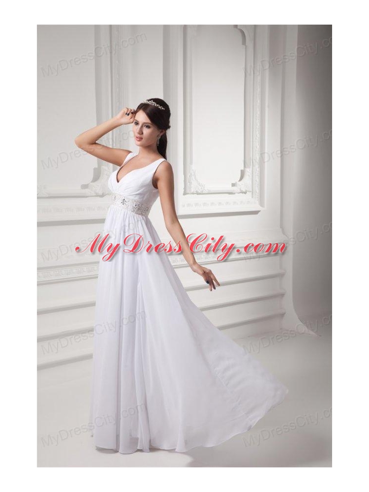 Empire V-neck Beading and Ruching Chiffon Long Wedding Dress