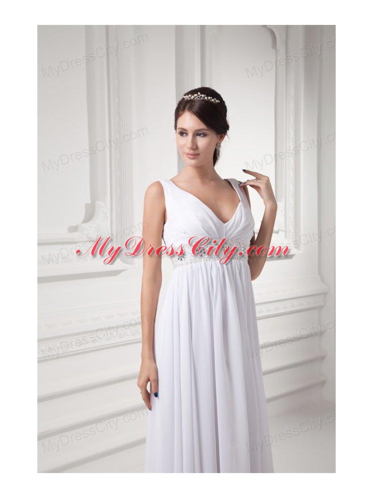 Empire V-neck Beading and Ruching Chiffon Long Wedding Dress