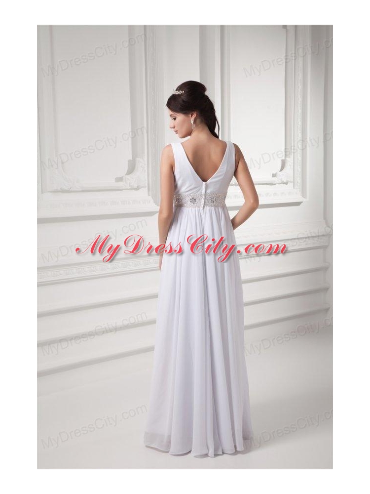 Empire V-neck Beading and Ruching Chiffon Long Wedding Dress