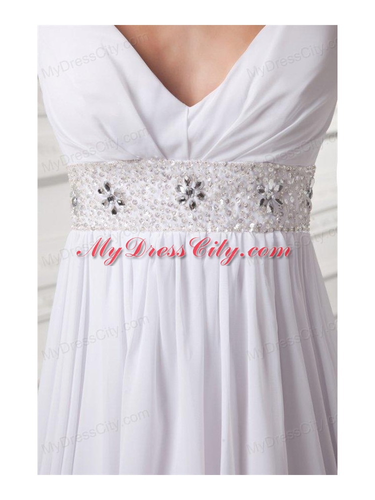 Empire V-neck Beading and Ruching Chiffon Long Wedding Dress