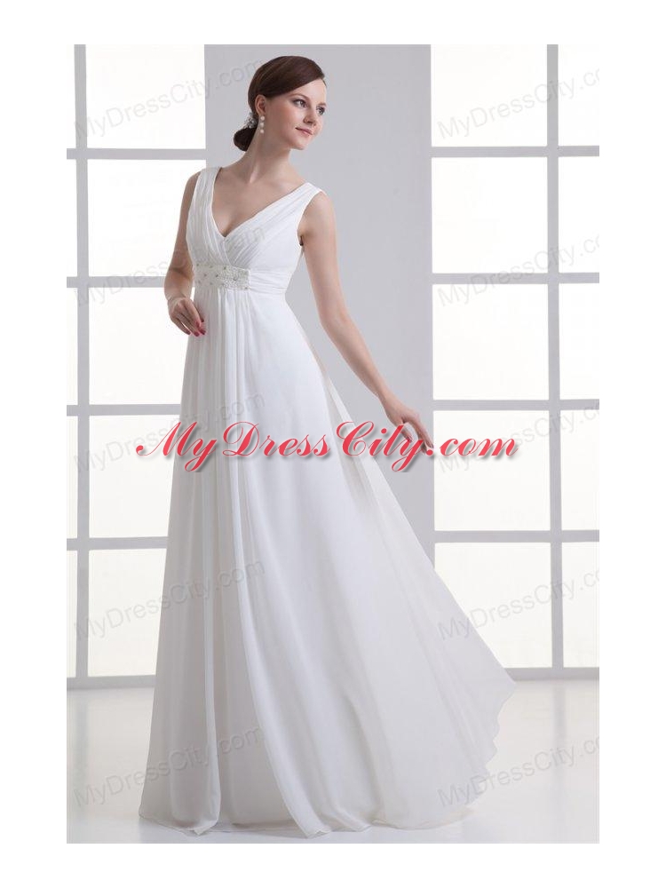 Empire V-neck Beading and Ruching Chiffon Wedding Dress