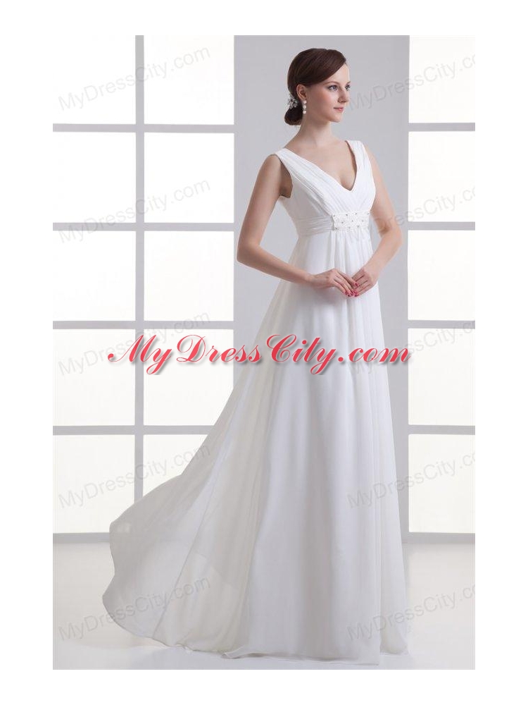 Empire V-neck Beading and Ruching Chiffon Wedding Dress