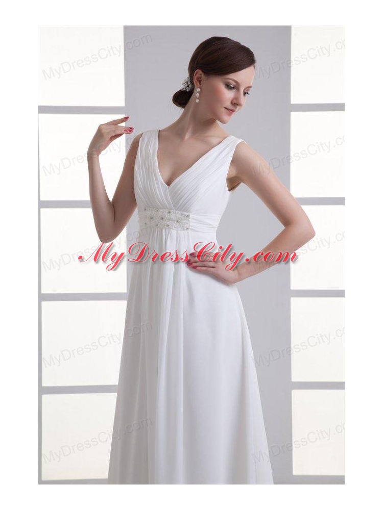 Empire V-neck Beading and Ruching Chiffon Wedding Dress