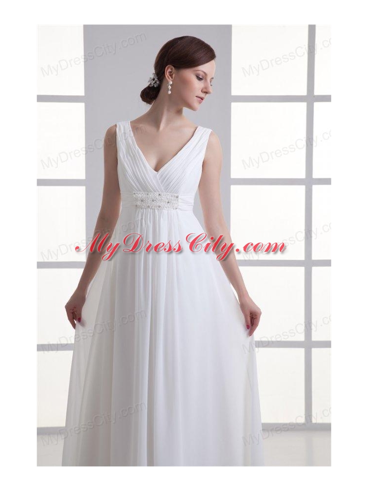 Empire V-neck Beading and Ruching Chiffon Wedding Dress