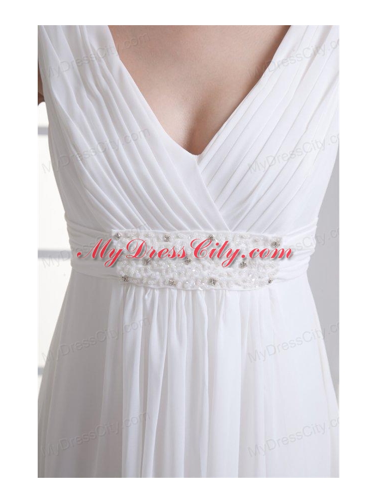 Empire V-neck Beading and Ruching Chiffon Wedding Dress