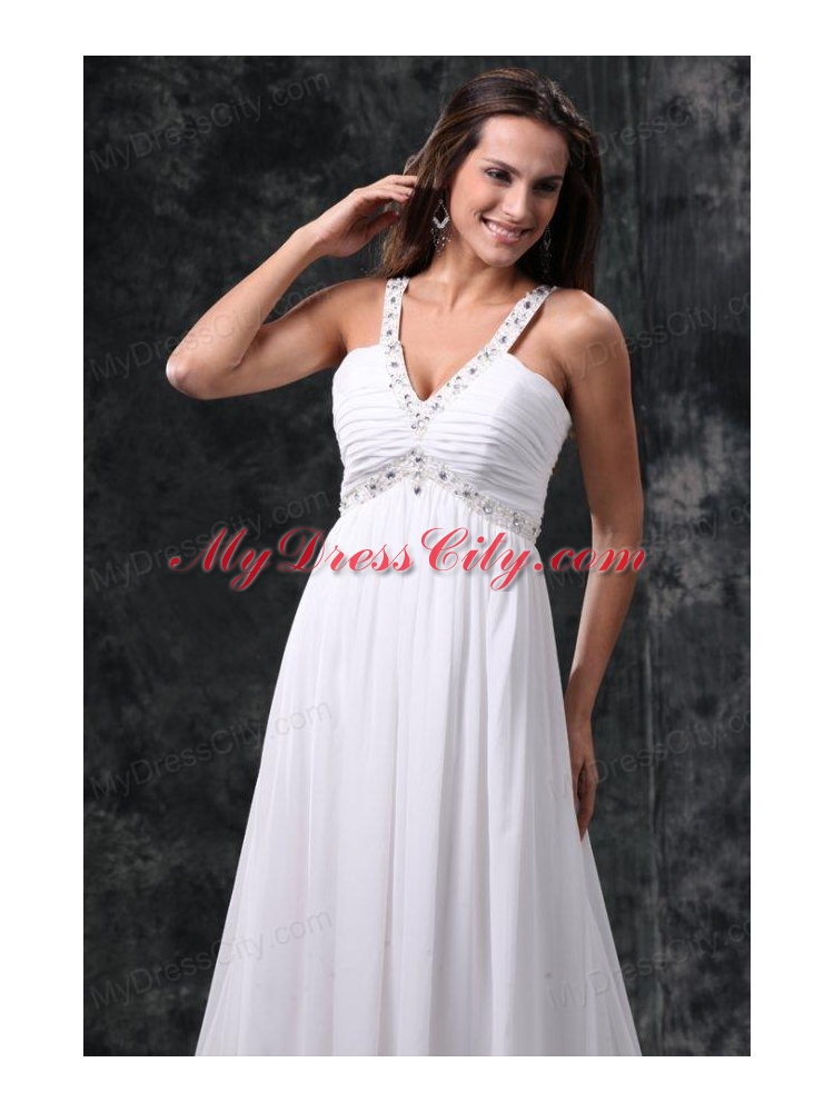 Empire V-Neck Beading and Ruching Zipper Up Chiffon Wedding Dress