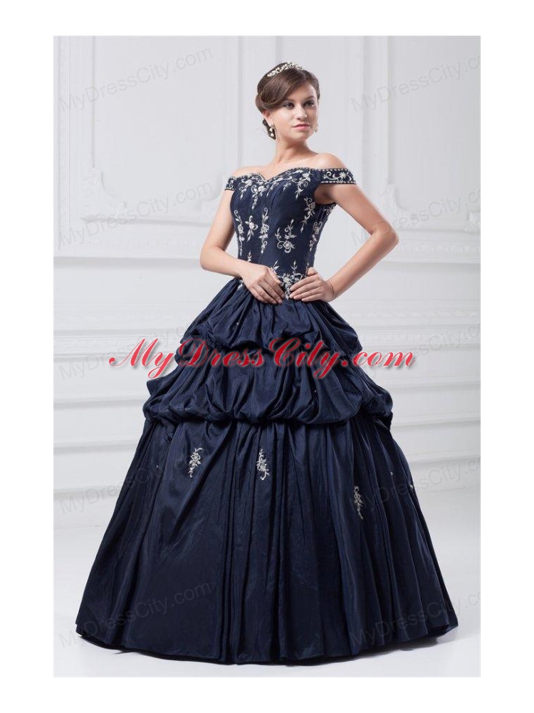 Off The Shoulder Taffeta Navy Blue Quinceanera Dress with Appliques