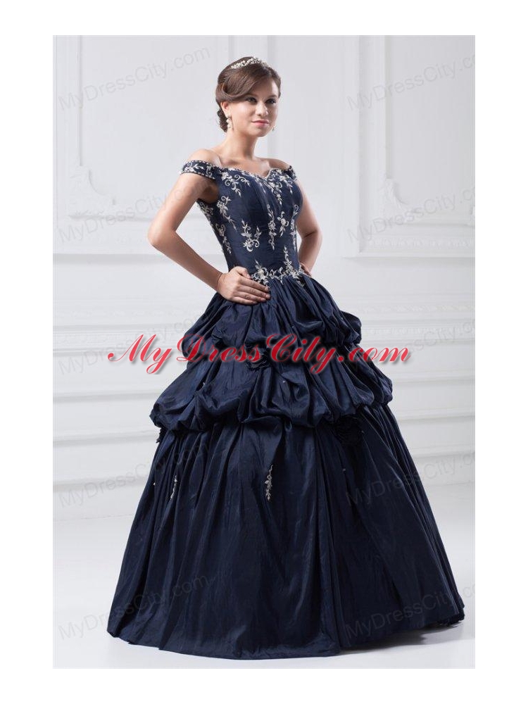 Off The Shoulder Taffeta Navy Blue Quinceanera Dress with Appliques