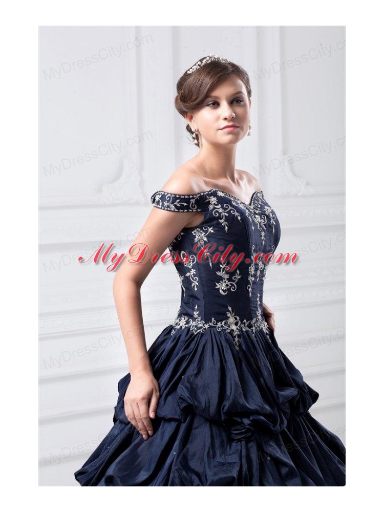 Off The Shoulder Taffeta Navy Blue Quinceanera Dress with Appliques