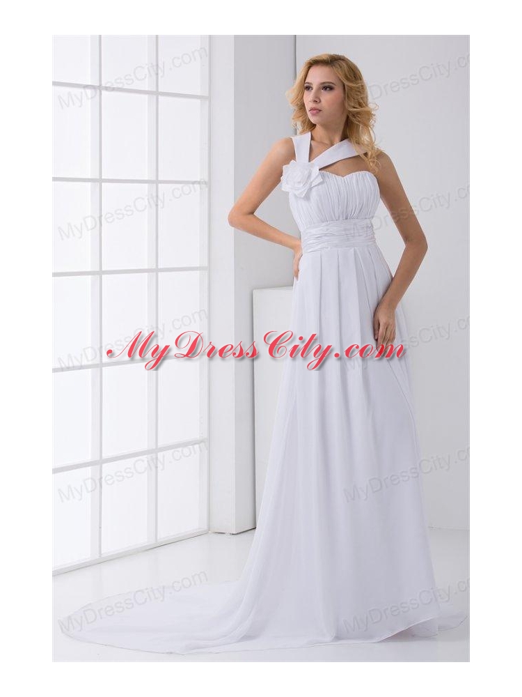 Pretty Empire Asymmetrical Neck Court Train Wedding Dress with Flower