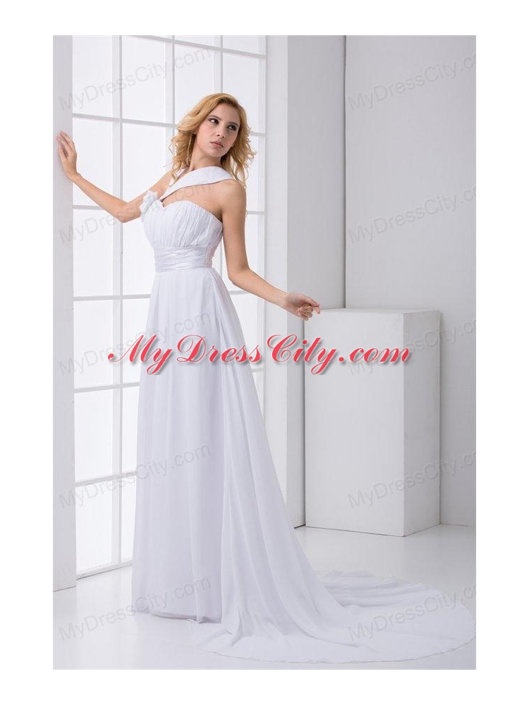 Pretty Empire Asymmetrical Neck Court Train Wedding Dress with Flower