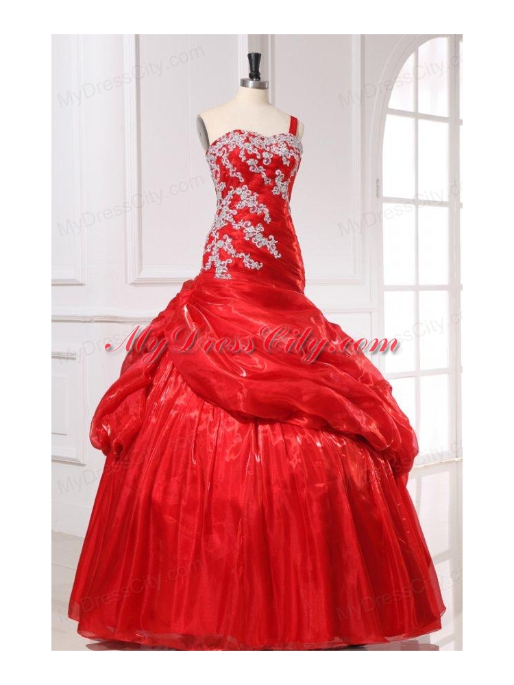 Red Organza Appliques Long Quinceanera Dress with One Shoulder