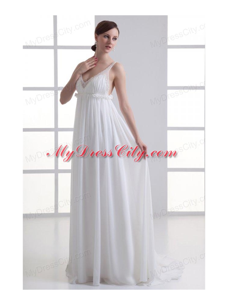 Sexy Empire V-neck Wedding Dress with Beading Brush Train