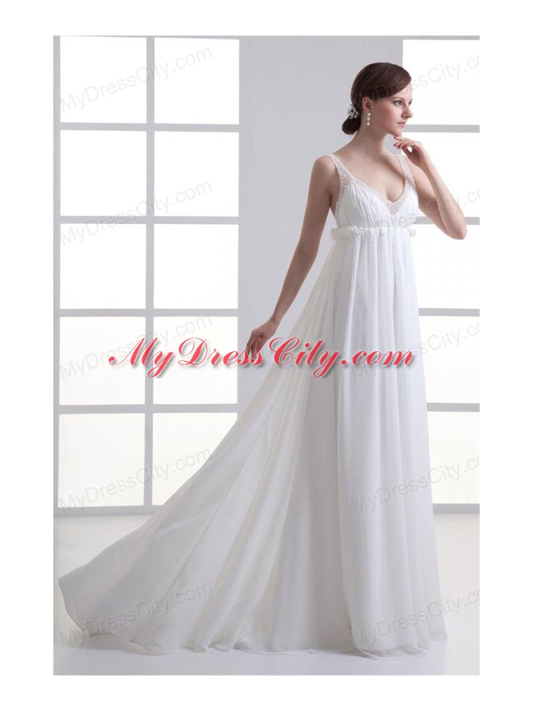 Sexy Empire V-neck Wedding Dress with Beading Brush Train