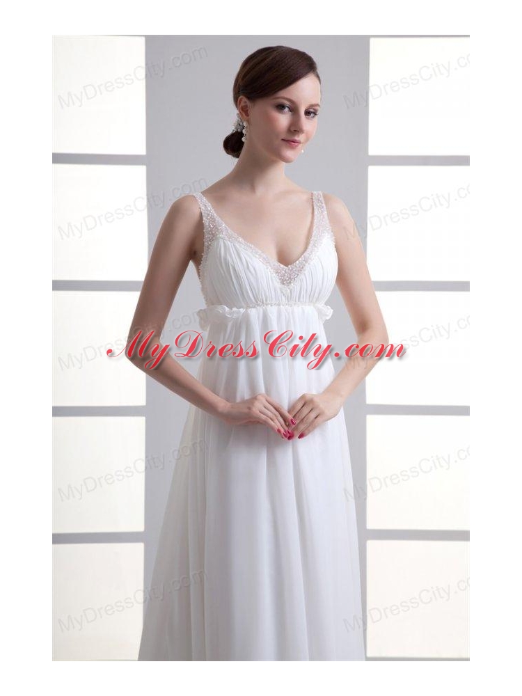 Sexy Empire V-neck Wedding Dress with Beading Brush Train