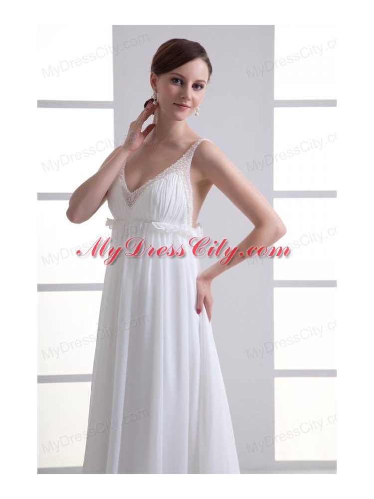 Sexy Empire V-neck Wedding Dress with Beading Brush Train