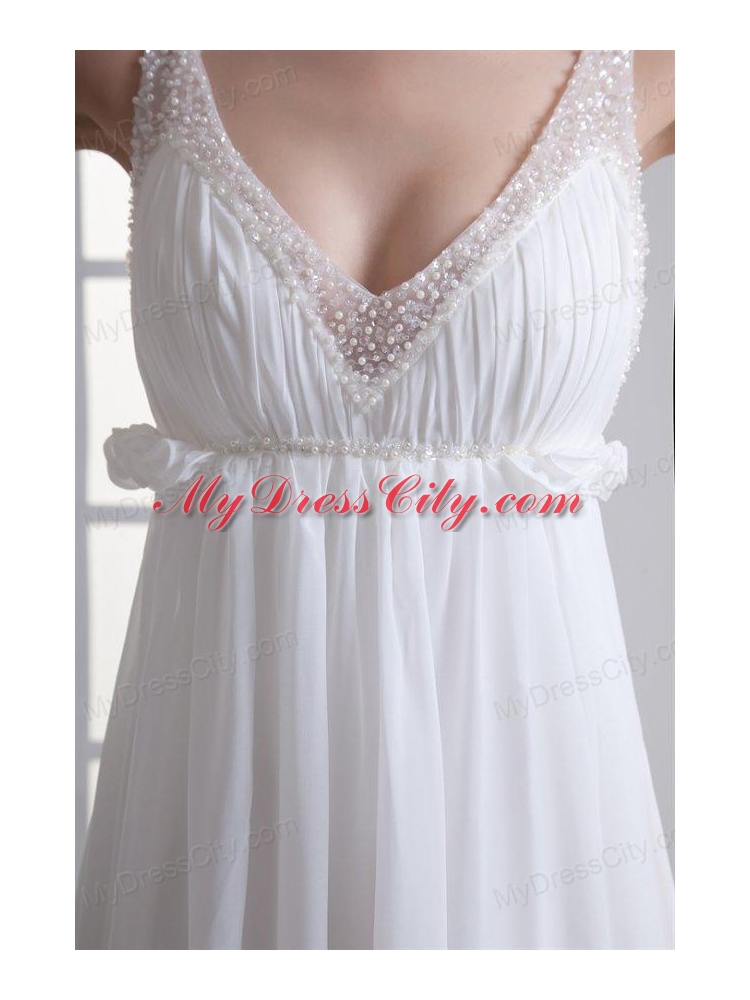 Sexy Empire V-neck Wedding Dress with Beading Brush Train