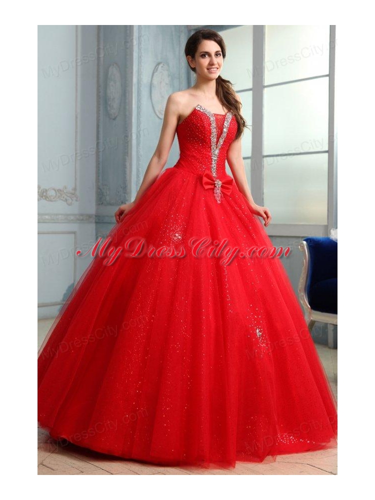 Strapless Beaded Decorate Fill Length Quinceanera Dress in Red