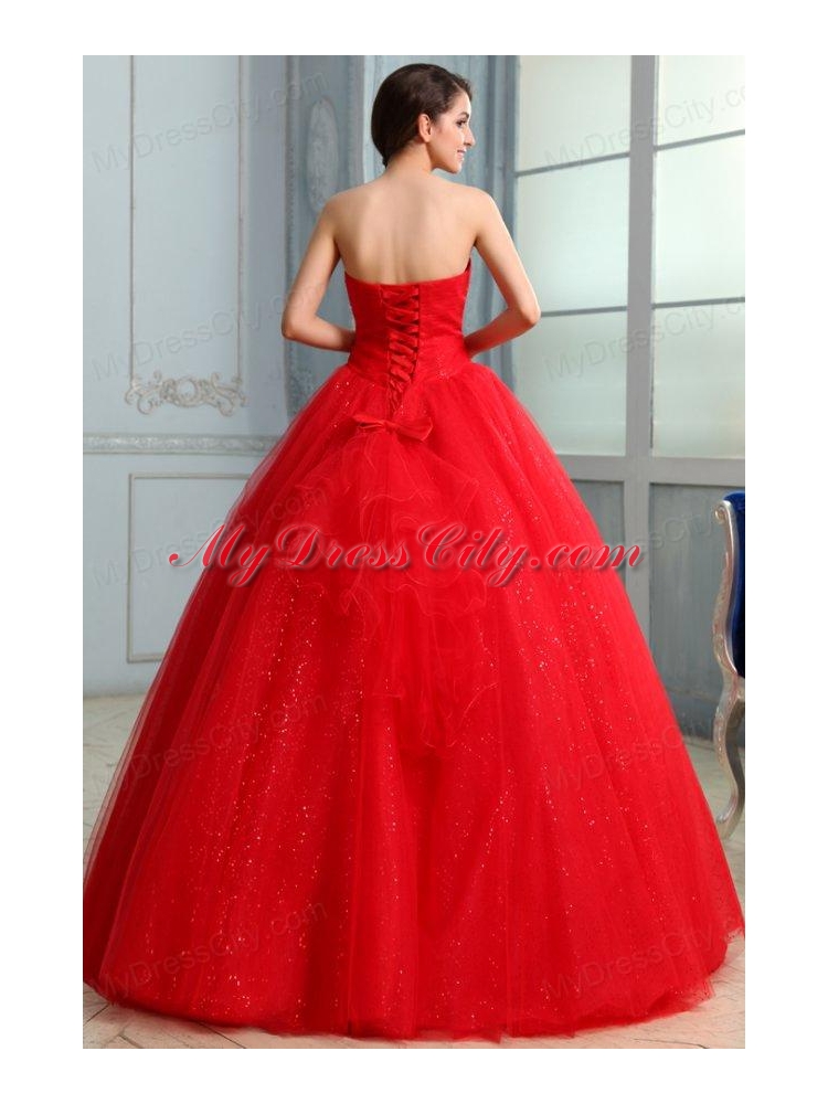 Strapless Beaded Decorate Fill Length Quinceanera Dress in Red