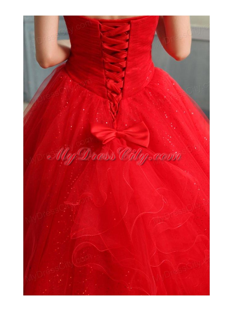 Strapless Beaded Decorate Fill Length Quinceanera Dress in Red