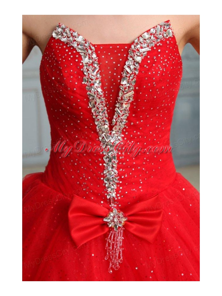 Strapless Beaded Decorate Fill Length Quinceanera Dress in Red